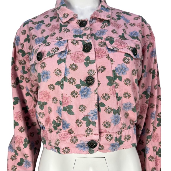 VTG 80's/90's JOLLY U.S.A Pink Floral 100% Cotton Denim Like Crop Jacket Sz Sm - Picture 3 of 16